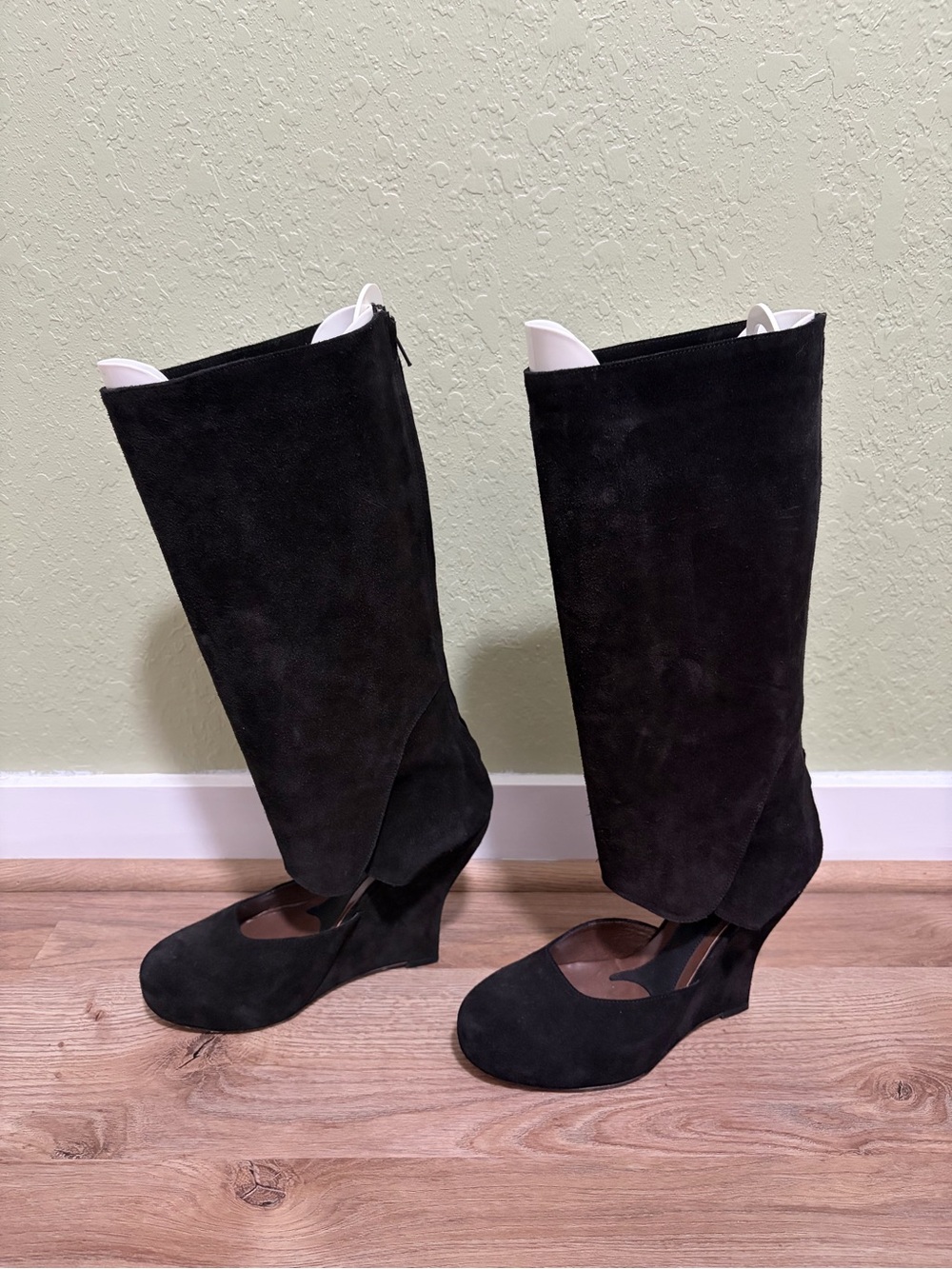Marni Vintage Early 2000s Black Suede Cut-out Knee-high Wedge Boots